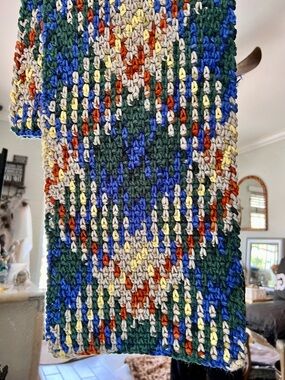 Custom made Hand Knit Multicolor Crochet Scarf - Green, Blue & Cream